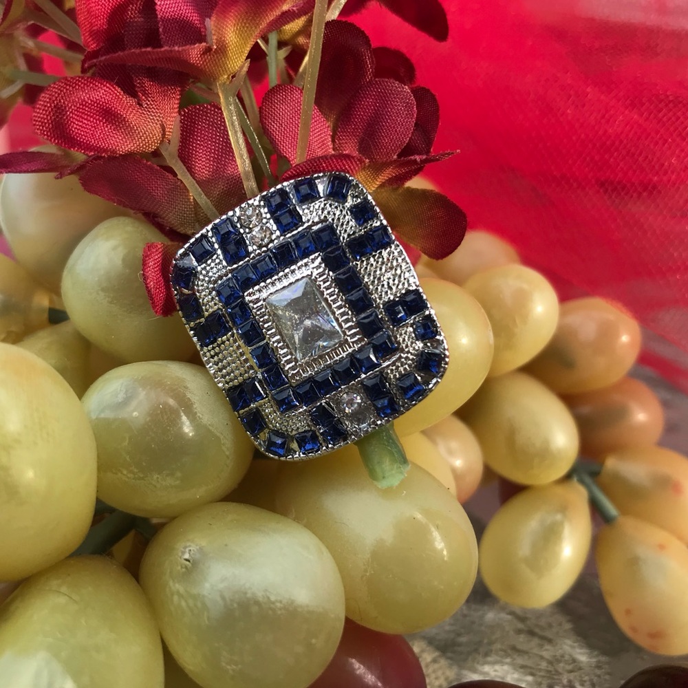 Blue White Crystal Deco Style Ring